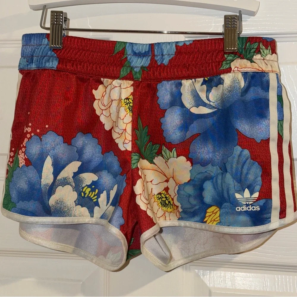 adidas Red Floral Athletic Shorts with Blue and Cream Flowers - Picture 2 of 7